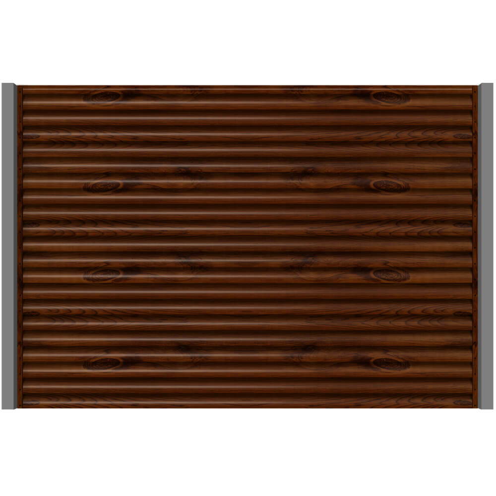 Секция забора жалюзи из ламелей еврожалюзи под Темное дерево с металлическими столбами анфас
