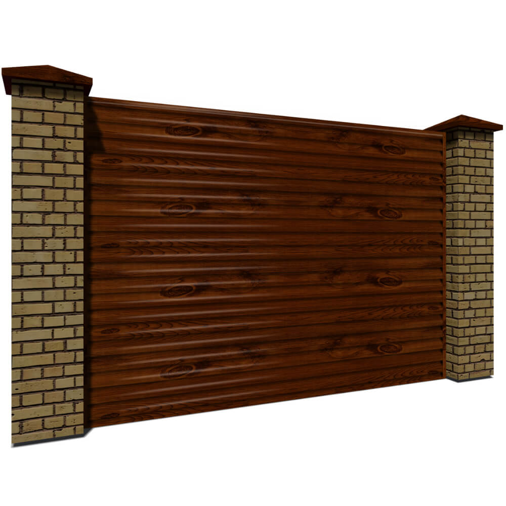Секция забора жалюзи из ламелей еврожалюзи под Темное дерево с кирпичными столбами