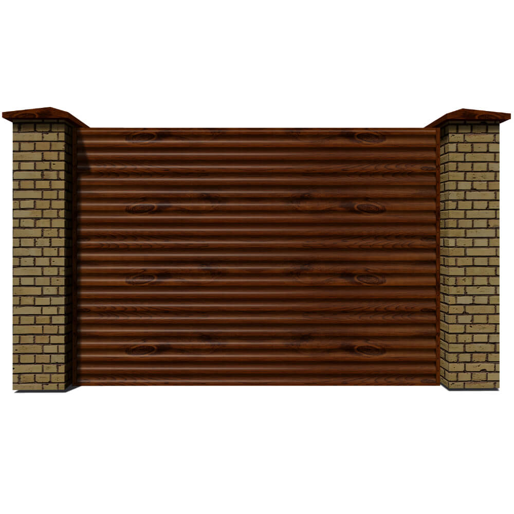 Секция забора жалюзи из ламелей еврожалюзи под Темное дерево с кирпичными столбами анфас