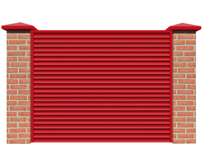Секция забора жалюзи из ламелей Жалюзи ЭКО-Z RAL3020 Красный с кирпичными столбами анфас